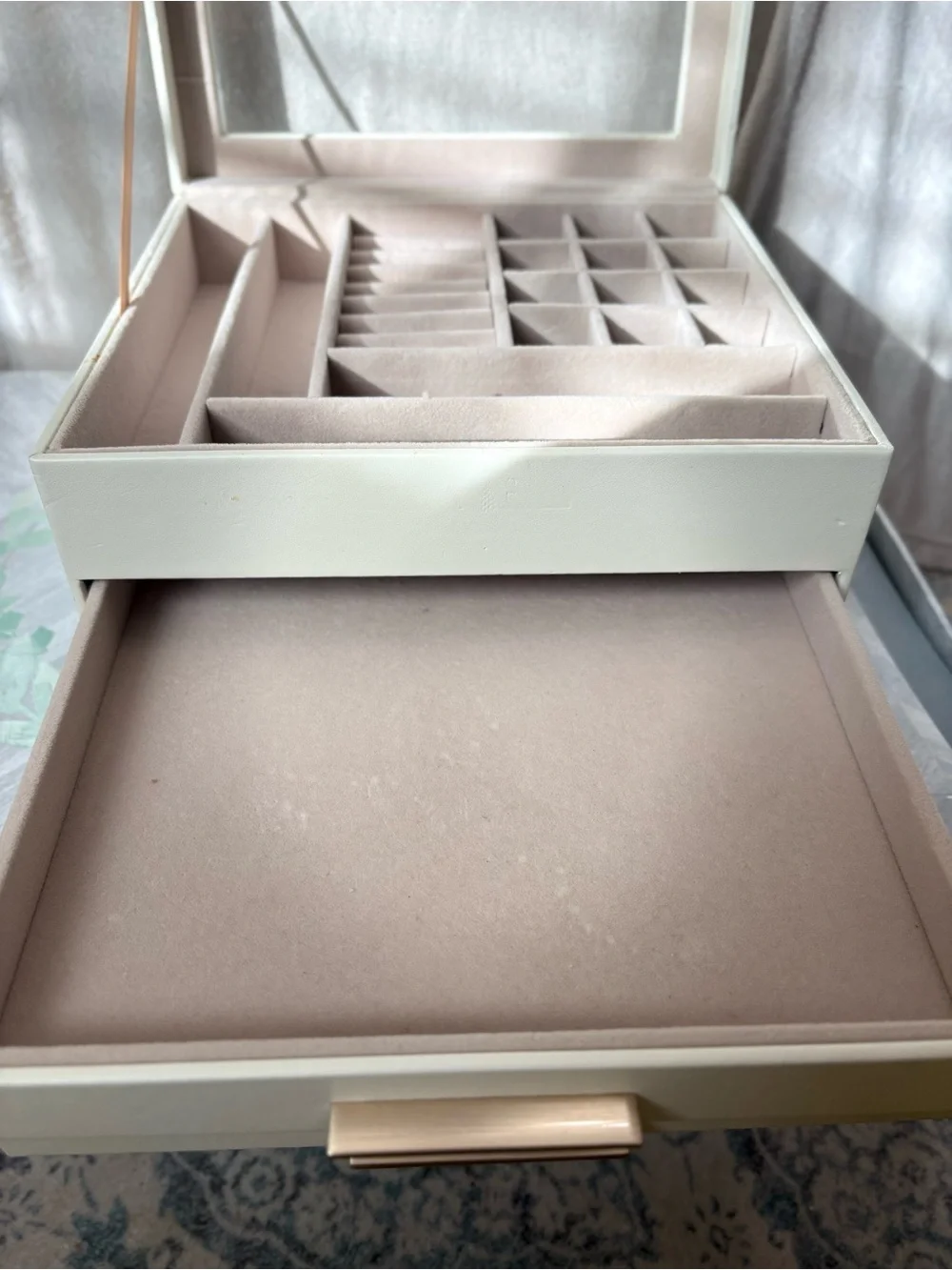 SONGMICS beige  Glass Top Jewelry Box Organizer 2 Drawers Gold Hardware
